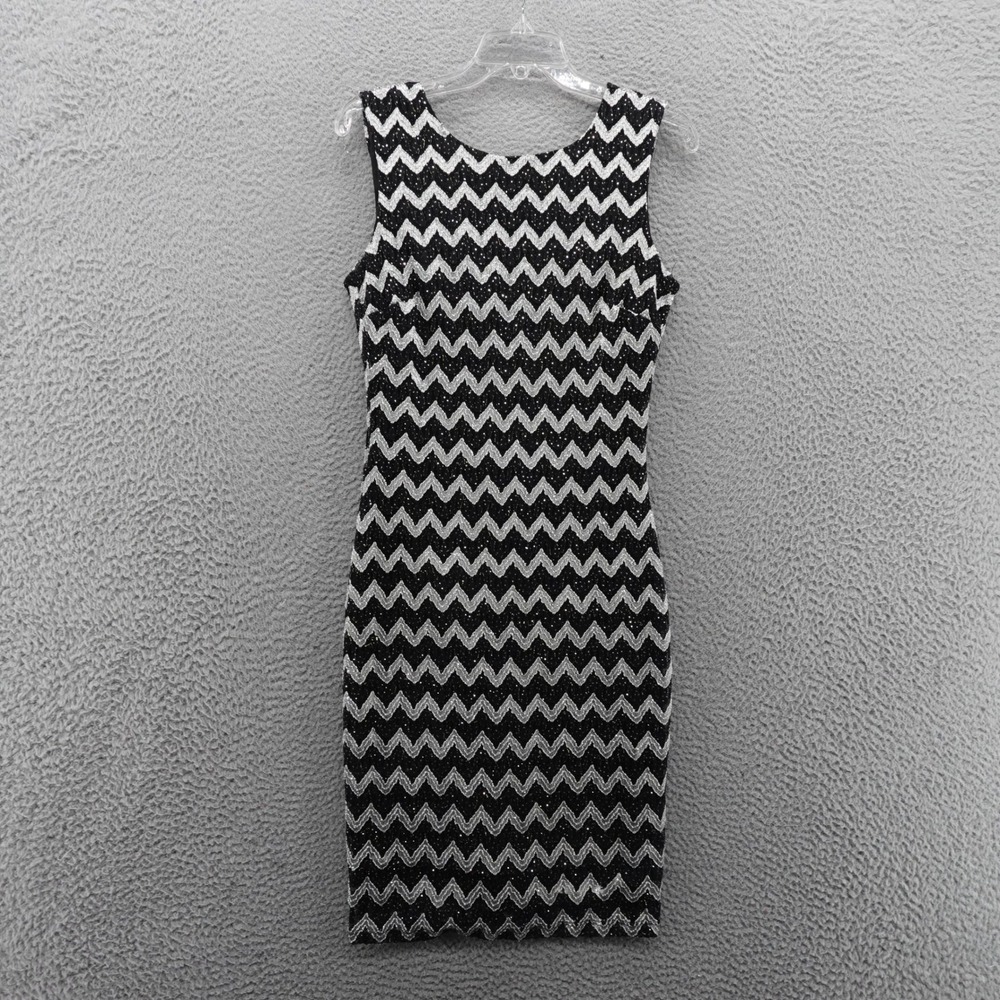 B Darlin Bodycon Dress Sz 13 14 Black Silver Sleeveless Womens Chevron Metallic